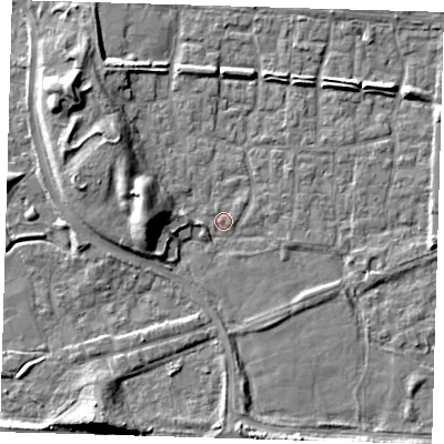 Shaded relief map of the ground around E65TD, computed from Environment Agency LiDAR. The ground here sits at about 1 m above sea level and falls 9 m across the surrounding 800 m. Surface water reaching this point runs off ground lying to the west-north-west, 8.8 m higher.