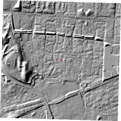 Shaded relief map of the ground around E65TE, computed from Environment Agency LiDAR. The ground here sits at about 1 m above sea level and falls 9 m across the surrounding 800 m. Surface water reaching this point runs off ground lying to the east-south-east, 3.9 m higher.