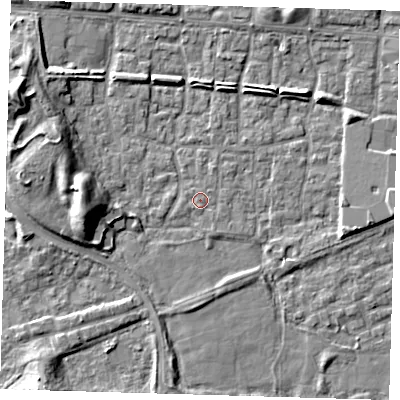 Shaded relief map of the ground around E65TF, computed from Environment Agency LiDAR. The ground here sits at about 1 m above sea level and falls 9 m across the surrounding 800 m. Surface water reaching this point runs off ground lying to the south-west, 0.7 m higher.