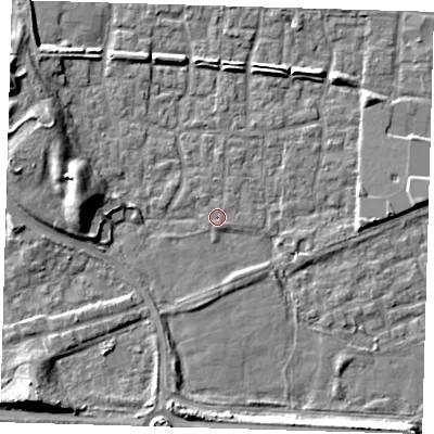 Shaded relief map of the ground around E65TG, computed from Environment Agency LiDAR. The ground here sits at about 1 m above sea level and falls 9 m across the surrounding 800 m. Surface water reaching this point runs off ground lying to the south-south-east, 0.5 m higher.