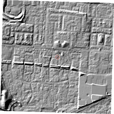 Shaded relief map of the ground around E65TQ, computed from Environment Agency LiDAR. The ground here sits at about 1 m above sea level and falls 9 m across the surrounding 800 m. Surface water reaching this point runs off ground lying to the south-east, 3.5 m higher.