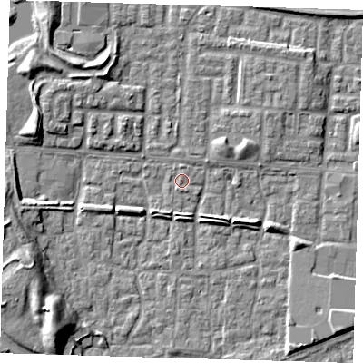 Shaded relief map of the ground around E65TT, computed from Environment Agency LiDAR. The ground here sits at about 1 m above sea level and falls 9 m across the surrounding 800 m. Surface water reaching this point runs off ground lying to the south-west, 8.8 m higher.