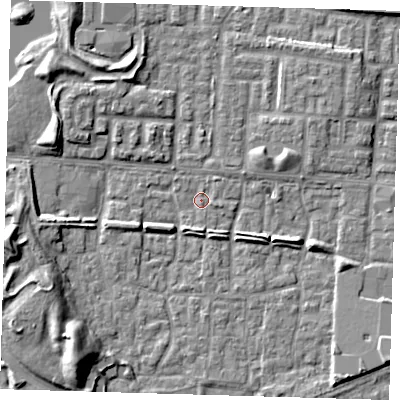 Shaded relief map of the ground around E65TU, computed from Environment Agency LiDAR. The ground here sits at about 1 m above sea level and falls 9 m across the surrounding 800 m. Surface water reaching this point runs off ground lying to the west-south-west, 8.9 m higher.