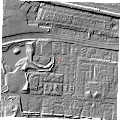 Shaded relief map of the ground around E65UB, computed from Environment Agency LiDAR. The ground here sits at about 1 m above sea level and falls 9 m across the surrounding 800 m. Surface water reaching this point runs off ground lying to the west-south-west, 3.7 m higher.