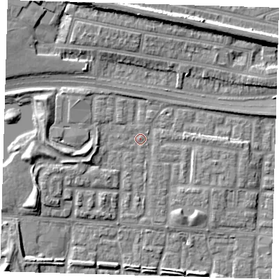 Shaded relief map of the ground around E65UD, computed from Environment Agency LiDAR. The ground here sits at about 1 m above sea level and falls 9 m across the surrounding 800 m. Surface water reaching this point runs off ground lying to the east, 3.2 m higher.