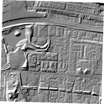 Shaded relief map of the ground around E65UF, computed from Environment Agency LiDAR. The ground here sits at about 1 m above sea level and falls 9 m across the surrounding 800 m. Surface water reaching this point runs off ground lying to the west-north-west, 3.5 m higher.