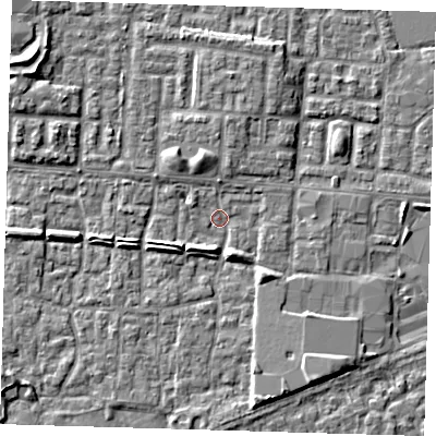 Shaded relief map of the ground around E65UL, computed from Environment Agency LiDAR. The ground here sits at about 1 m above sea level and falls 5 m across the surrounding 800 m. Surface water reaching this point runs off ground lying to the north-north-west, 3.9 m higher.