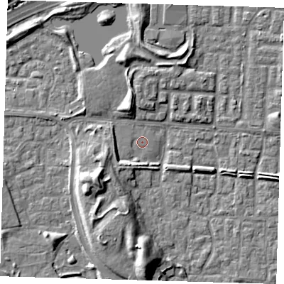 Shaded relief map of the ground around E65UP, computed from Environment Agency LiDAR. The ground here sits at about 1 m above sea level and falls 10 m across the surrounding 800 m. Surface water reaching this point runs off ground lying to the south-west, 8.1 m higher.