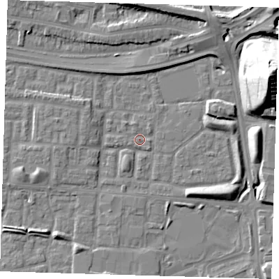Shaded relief map of the ground around E65XJ, computed from Environment Agency LiDAR. The ground here sits at about 2 m above sea level and falls 36 m across the surrounding 800 m. Surface water reaching this point runs off ground lying to the east-north-east, 36.3 m higher.
