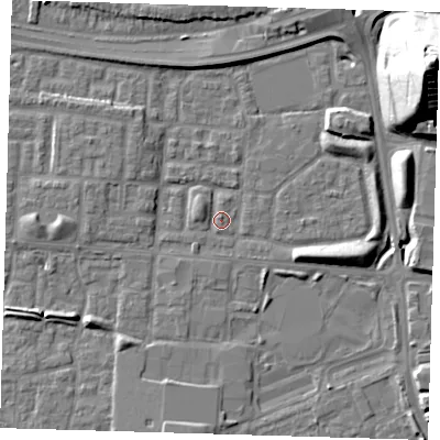 Shaded relief map of the ground around E65XL, computed from Environment Agency LiDAR. The ground here sits at about 2 m above sea level and falls 36 m across the surrounding 800 m. Surface water reaching this point runs off ground lying to the south-west, 1.2 m higher.