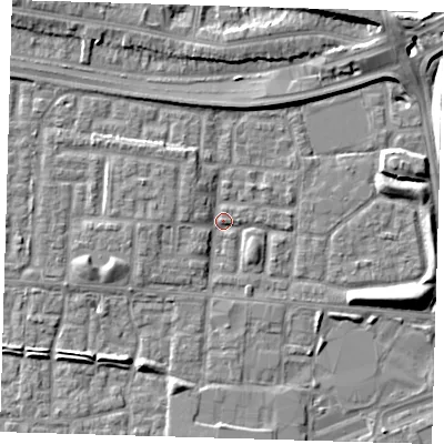 Shaded relief map of the ground around E65XN, computed from Environment Agency LiDAR. The ground here sits at about 2 m above sea level and falls 10 m across the surrounding 800 m. Surface water reaching this point runs off ground lying to the east-south-east, 5.7 m higher.