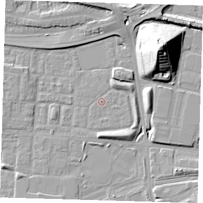 Shaded relief map of the ground around E65XP, computed from Environment Agency LiDAR. The ground here sits at about 2 m above sea level and falls 36 m across the surrounding 800 m. Surface water reaching this point runs off ground lying to the south, 0.7 m higher.