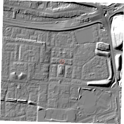 Shaded relief map of the ground around E65XQ, computed from Environment Agency LiDAR. The ground here sits at about 2 m above sea level and falls 30 m across the surrounding 800 m. Surface water reaching this point runs off ground lying to the east-north-east, 29.8 m higher.