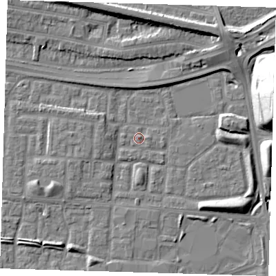 Shaded relief map of the ground around E65XY, computed from Environment Agency LiDAR. The ground here sits at about 2 m above sea level and falls 24 m across the surrounding 800 m. Surface water reaching this point runs off ground lying to the north-east, 1.4 m higher.