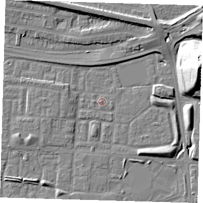 Shaded relief map of the ground around E65XZ, computed from Environment Agency LiDAR. The ground here sits at about 2 m above sea level and falls 36 m across the surrounding 800 m. Surface water reaching this point runs off ground lying to the west, 1.4 m higher.