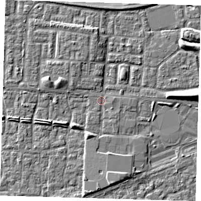 Shaded relief map of the ground around E65YA, computed from Environment Agency LiDAR. The ground here sits at about 2 m above sea level and falls 7 m across the surrounding 800 m. Surface water reaching this point runs off ground lying to the east, 1.0 m higher.