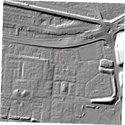 Shaded relief map of the ground around E65YH, computed from Environment Agency LiDAR. The ground here sits at about 1 m above sea level and falls 22 m across the surrounding 800 m. Surface water reaching this point runs off ground lying to the east-north-east, 21.5 m higher.