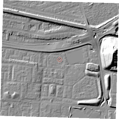 Shaded relief map of the ground around E65YP, computed from Environment Agency LiDAR. The ground here sits at about 1 m above sea level and falls 36 m across the surrounding 800 m. Surface water reaching this point runs off ground lying to the east, 36.3 m higher.