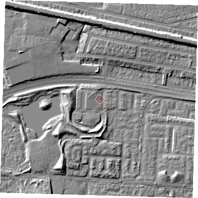 Shaded relief map of the ground around E65YR, computed from Environment Agency LiDAR. The ground here sits at about 2 m above sea level and falls 9 m across the surrounding 800 m. Surface water reaching this point runs off ground lying to the north-west, 1.8 m higher.