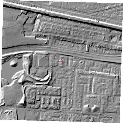 Shaded relief map of the ground around E65YS, computed from Environment Agency LiDAR. The ground here sits at about 1 m above sea level and falls 9 m across the surrounding 800 m. Surface water reaching this point runs off ground lying to the south, 1.6 m higher.