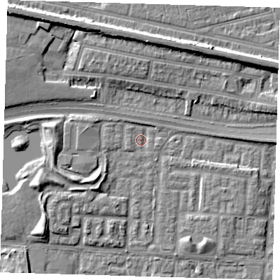 Shaded relief map of the ground around E65YT, computed from Environment Agency LiDAR. The ground here sits at about 1 m above sea level and falls 9 m across the surrounding 800 m. Surface water reaching this point runs off ground lying to the south-west, 1.6 m higher.