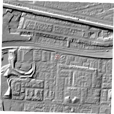 Shaded relief map of the ground around E65YU, computed from Environment Agency LiDAR. The ground here sits at about 1 m above sea level and falls 9 m across the surrounding 800 m. Surface water reaching this point runs off ground lying to the east-south-east, 3.2 m higher.