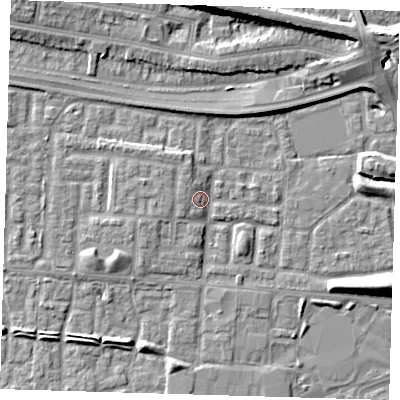 Shaded relief map of the ground around E65YW, computed from Environment Agency LiDAR. The ground here sits at about 2 m above sea level and falls 10 m across the surrounding 800 m. Surface water reaching this point runs off ground lying to the east-south-east, 5.7 m higher.