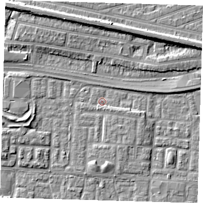 Shaded relief map of the ground around E65ZJ, computed from Environment Agency LiDAR. The ground here sits at about 1 m above sea level and falls 9 m across the surrounding 800 m. Surface water reaching this point runs off ground lying to the east-south-east, 2.6 m higher.