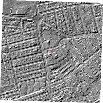Shaded relief map of the ground around E66AA, computed from Environment Agency LiDAR. The ground here sits at about 3 m above sea level and falls 4 m across the surrounding 800 m. Surface water reaching this point runs off ground lying to the south-south-west, 1.3 m higher.