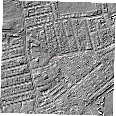 Shaded relief map of the ground around E66AB, computed from Environment Agency LiDAR. The ground here sits at about 3 m above sea level and falls 6 m across the surrounding 800 m. Surface water reaching this point runs off ground lying to the north-north-west, 2.5 m higher.