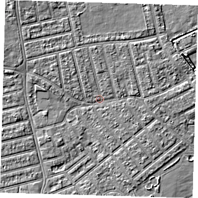 Shaded relief map of the ground around E66AD, computed from Environment Agency LiDAR. The ground here sits at about 3 m above sea level and falls 6 m across the surrounding 800 m. Surface water reaching this point runs off ground lying to the north-north-west, 2.0 m higher.