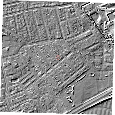 Shaded relief map of the ground around E66AE, computed from Environment Agency LiDAR. The ground here sits at about 4 m above sea level and falls 7 m across the surrounding 800 m. Surface water reaching this point runs off ground lying to the east, 0.7 m higher.