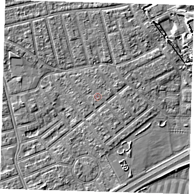 Shaded relief map of the ground around E66AF, computed from Environment Agency LiDAR. The ground here sits at about 4 m above sea level and falls 7 m across the surrounding 800 m. Surface water reaching this point runs off ground lying to the east, 0.6 m higher.
