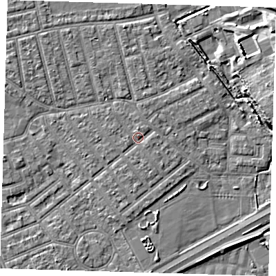 Shaded relief map of the ground around E66AG, computed from Environment Agency LiDAR. The ground here sits at about 4 m above sea level and falls 8 m across the surrounding 800 m. Surface water reaching this point runs off ground lying to the north, 1.0 m higher.