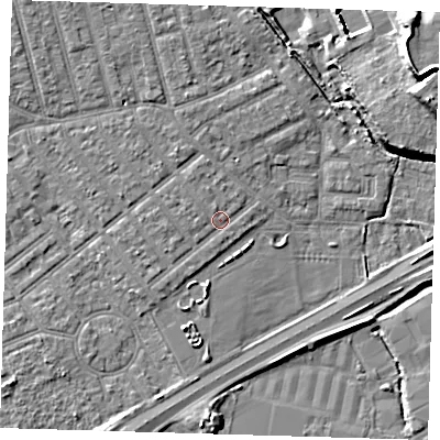 Shaded relief map of the ground around E66AH, computed from Environment Agency LiDAR. The ground here sits at about 3 m above sea level and falls 14 m across the surrounding 800 m. Surface water reaching this point runs off ground lying to the west-north-west, 1.0 m higher.
