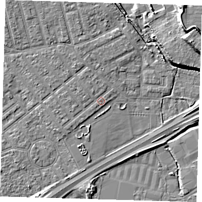 Shaded relief map of the ground around E66AJ, computed from Environment Agency LiDAR. The ground here sits at about 3 m above sea level and falls 14 m across the surrounding 800 m. Surface water reaching this point runs off ground lying to the west-north-west, 1.1 m higher.