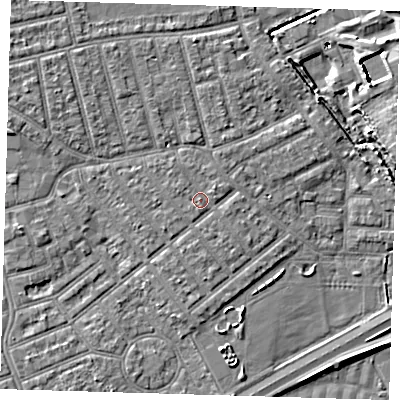 Shaded relief map of the ground around E66AL, computed from Environment Agency LiDAR. The ground here sits at about 4 m above sea level and falls 8 m across the surrounding 800 m. Surface water reaching this point runs off ground lying to the north-east, 0.8 m higher.