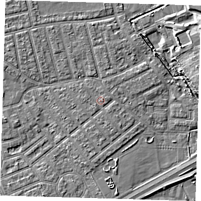 Shaded relief map of the ground around E66AN, computed from Environment Agency LiDAR. The ground here sits at about 4 m above sea level and falls 8 m across the surrounding 800 m. Surface water reaching this point runs off ground lying to the north-east, 0.8 m higher.