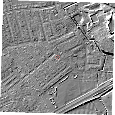 Shaded relief map of the ground around E66AP, computed from Environment Agency LiDAR. The ground here sits at about 3 m above sea level and falls 15 m across the surrounding 800 m. Surface water reaching this point runs off ground lying to the north-north-west, 2.2 m higher.