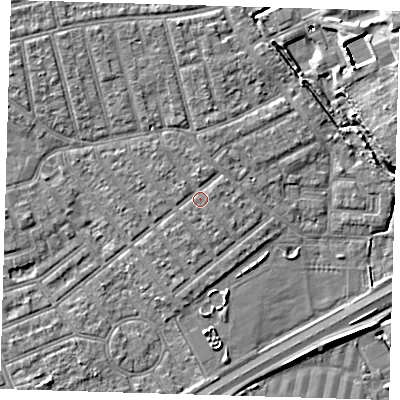 Shaded relief map of the ground around E66AQ, computed from Environment Agency LiDAR. The ground here sits at about 3 m above sea level and falls 8 m across the surrounding 800 m. Surface water reaching this point runs off ground lying to the north, 0.9 m higher.