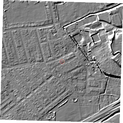 Shaded relief map of the ground around E66AR, computed from Environment Agency LiDAR. The ground here sits at about 4 m above sea level and falls 15 m across the surrounding 800 m. Surface water reaching this point runs off ground lying to the west-south-west, 0.7 m higher.