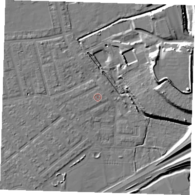 Shaded relief map of the ground around E66AS, computed from Environment Agency LiDAR. The ground here sits at about 3 m above sea level and falls 17 m across the surrounding 800 m. Surface water reaching this point runs off ground lying to the west, 0.6 m higher.