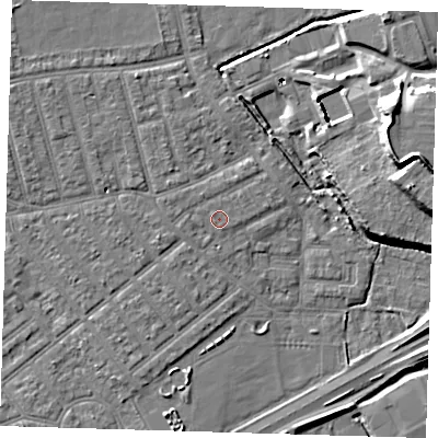 Shaded relief map of the ground around E66AT, computed from Environment Agency LiDAR. The ground here sits at about 3 m above sea level and falls 15 m across the surrounding 800 m. The ground contributing surface water to this point lies to the north-west.