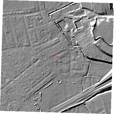 Shaded relief map of the ground around E66AU, computed from Environment Agency LiDAR. The ground here sits at about 3 m above sea level and falls 16 m across the surrounding 800 m. Surface water reaching this point runs off ground lying to the west, 0.9 m higher.