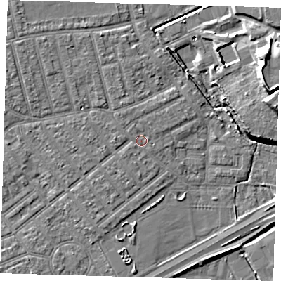 Shaded relief map of the ground around E66AW, computed from Environment Agency LiDAR. The ground here sits at about 3 m above sea level and falls 15 m across the surrounding 800 m. Surface water reaching this point runs off ground lying to the north-west, 2.2 m higher.