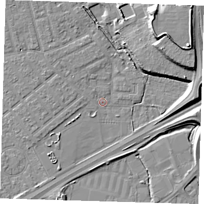 Shaded relief map of the ground around E66AX, computed from Environment Agency LiDAR. The ground here sits at about 2 m above sea level and falls 16 m across the surrounding 800 m. Surface water reaching this point runs off ground lying to the north-east, 13.2 m higher.