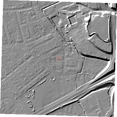Shaded relief map of the ground around E66AY, computed from Environment Agency LiDAR. The ground here sits at about 2 m above sea level and falls 17 m across the surrounding 800 m. Surface water reaching this point runs off ground lying to the west-north-west, 1.6 m higher.