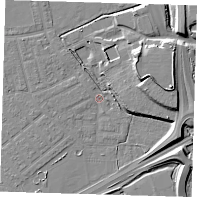 Shaded relief map of the ground around E66AZ, computed from Environment Agency LiDAR. The ground here sits at about 2 m above sea level and falls 17 m across the surrounding 800 m. Surface water reaching this point runs off ground lying to the west, 1.8 m higher.