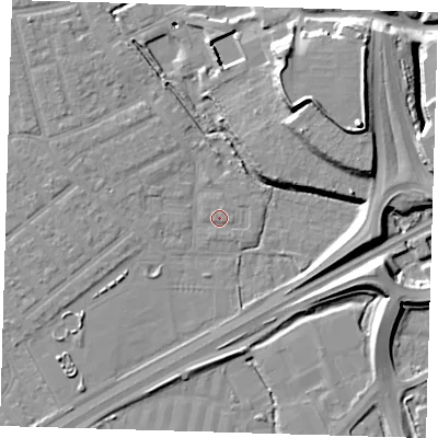 Shaded relief map of the ground around E66BA, computed from Environment Agency LiDAR. The ground here sits at about 2 m above sea level and falls 17 m across the surrounding 800 m. Surface water reaching this point runs off ground lying to the north-west, 3.0 m higher.