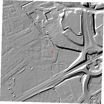 Shaded relief map of the ground around E66BB, computed from Environment Agency LiDAR. The ground here sits at about 2 m above sea level and falls 17 m across the surrounding 800 m. Surface water reaching this point runs off ground lying to the west, 3.5 m higher.
